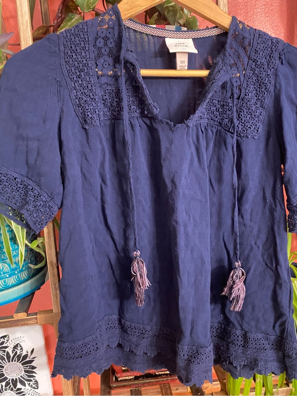 Knox Rose Navy Crochet-Trim Peasant Tunic